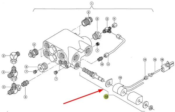 Oryginalny zawór elektromagnetyczny napędowej osi tylnej o numerze katalogowym 730804.0, stosowany w kombajnach Lexion marki Claas schemat.