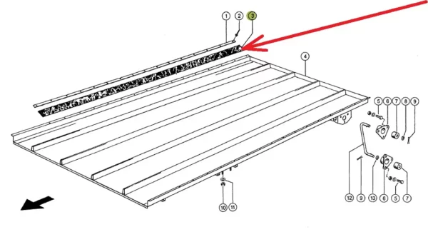 Oryginalna guma uszczelniająca półki zwrotnej o wymiarach 2070 x 60 x 3 mm i numerze katalogowym 736075.0, stosowana w kombajnach zbożowych marki Claas schemat.