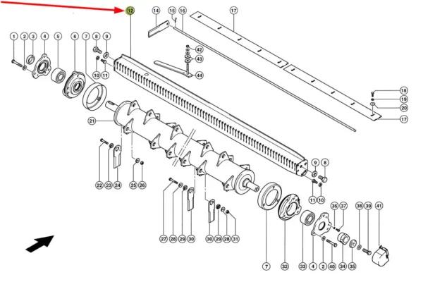 Oryginalne mocowanie noży stałych rozdrabniacza słomy o numerze katalogowym 741490.1, stosowane w kombajnach zbożowych marki Claas schemat.