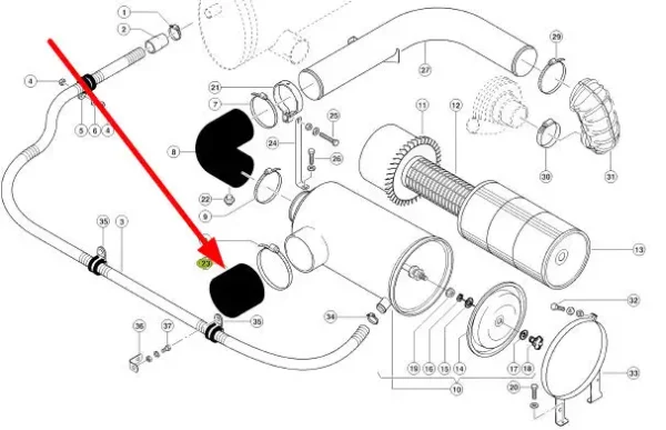 Oryginalny króciec zasysania filtra powietrza o numerzee katalogowym 743661.0, stosowany w kombajnach zbożowych marki Claas schemat