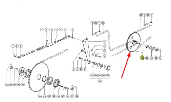 Oryginalne koło zębate napedu nagarniacza 58 zębów o numerze katalogowym 753533.0, stosowane w maszynach rolniczych marki Claas schemat.