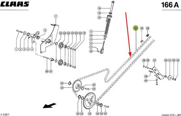 Oryginalny łańcuch rolkowy napedu rozładunku ziarna, stosowany w kombajnach Lexion marki Claas schemat.