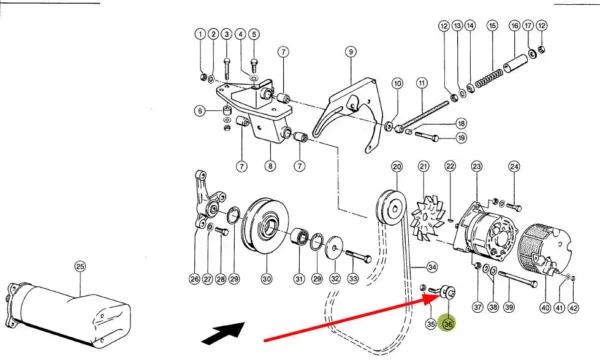 Oryginalny kołek prowadzący alternatora, rozrusznika,stosowany  w kombajnach  rolniczych Lexion  marki Claas schemat.