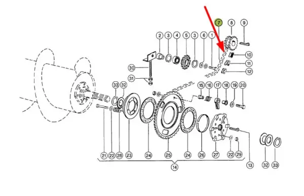 Oryginalny łańcuch rolkowy napędu bębna o wymiarach 12AH-1 x  95 rolek, stosowany w kombajnach i hederach marki Claas schemat.