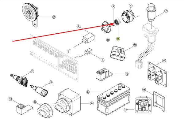 Oryginalna wkładka gniazda elektrycznego o numerze katalogowym 7700018517, stosowana w ciagnikach rolniczych marek Claas i Renault. schemat