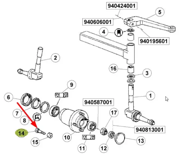 Oryginalna śruba kołeczkowa zwrotnicy osi, stosowana w ciągnikach marki Renailt i  Claas schemat.