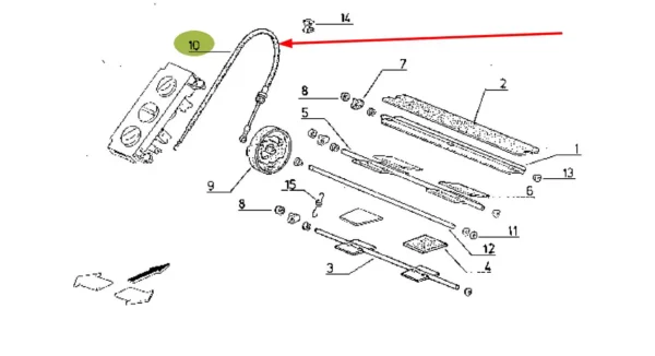 Oryginalna linka regulacyjna pokrętła wentylatora o numerze katalogowym 7700042635, stosowane w ciągnikach rolniczuych marek Claas i Renault. schemat