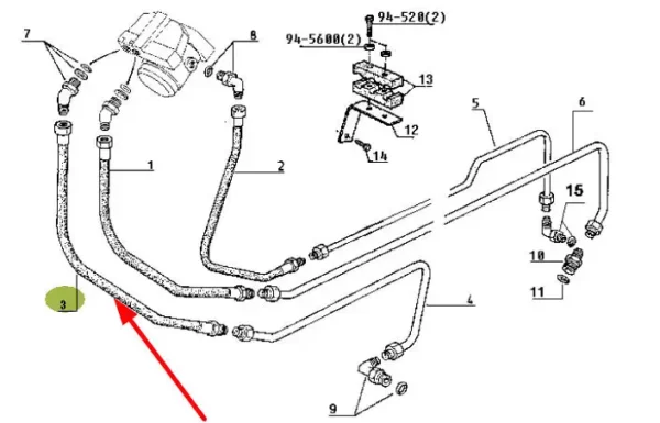 Oryginalny przewód hydrauliczny gumowy układu kierowniczego, stosowany w ciągnikach marki Claas i Renault schemat.
