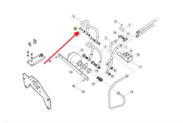 Oryginalna śruba przelotowa układu hydraulicznego przedniego podnośnika, stosowana w ciągnikach rolniczych marki Claas. schemat