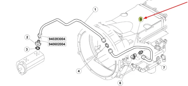 Oryginalny przewód hydrauliczny o numerze katalogowym 7700064660, stosowany w ciągnikach rolniczych marek Claas oraz Renault schemat