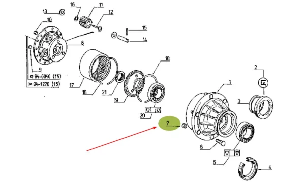 Oryginalna nakrętka sworznia obudowy piasty o numerze katalogowym 7700663315, stosowana w maszynach rolniczych marek Claas oraz Renault schemat.