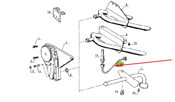 Oryginalna rura układu smarującego o numerze katalogowym 7701008496, stosowana w ciągnikach rolniczych marki Claas, Renault schemat.
