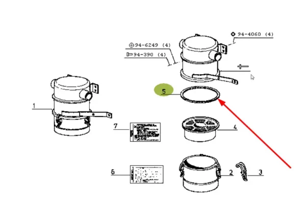 Oryginalny pierścień uszczelniający filtr powietrza o numerze katalogowym 7701008873, stosowany w ciagnikach rolniczych marek Claas i Renault. schemat