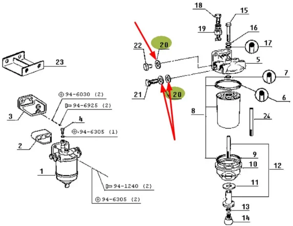 Oryginalna podkładka filtru paliwa o numerze katalogowym 7701017588, stosowana w ciągnikach rolniczych marki Claas schemat.
