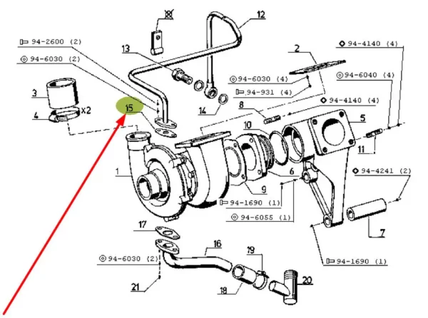 Oryginalna uszczelka przewodu olejowego turbosprężarki o numerze katalogowym 7701020470, stosowana w ciągnikach rolniczych marki Renault schemat.