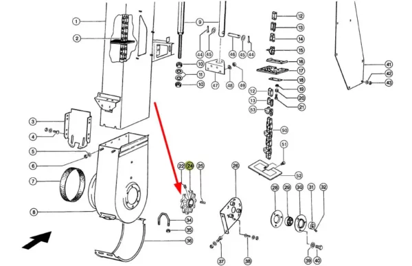 Oryginalne koło zębate przenośnika zbożowego o numerze katalogowym 795449.0, stosowane w kombajnach zbożowych marki Claas schemat