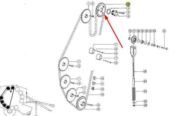 Oryginalne koło zębate napędu pokrywy tylnej o wymiarach 14 X D224 i numerze katalogowym 824149.1, stosowany w prasach Rollant marki Claas schemat.