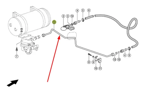 Oryginalny przewód pneumatycznego układu hamulcowego o numerze katalogowym 832574.0, stosowany w prasach kostkujących wielkogabarytowych marki Claas. schemat