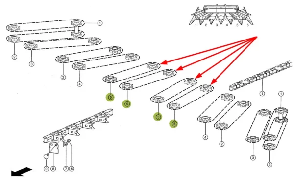 Oryginalny łańcuch transportowy do kukurydzy, stosowany w sześciorzędowych przystawkach do zbioru kukurydzy marki Claas schemat
