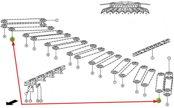 Oryginalny łańcuch wciągający o wymiarach S55H x 70 rolek, 35 zabieraków i numerze katalogowym 912997.3, stosowany w przystawkach do cięcia kukurydzy marki Claas schemat.