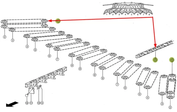 Oryginalny łańcuch przystawki do kukurydzy o oznaczeniu 12B-1 i numerze katalogowym 913392.0, stosowany w przystawkach do kukurydzy sieczkarni samojezdnych marki Claas schemat.