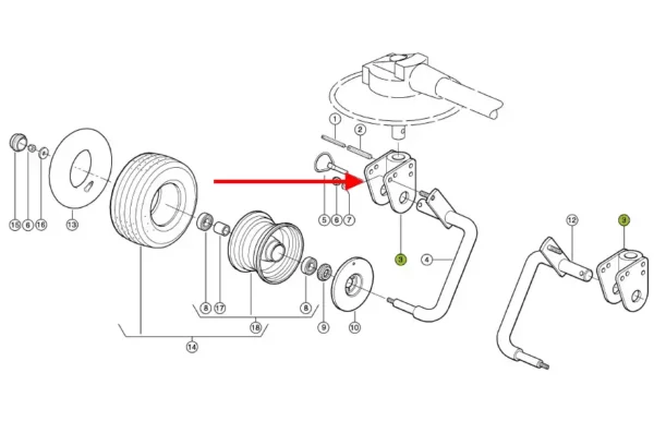Oryginalne mocowanie koła, stosowane w przetrząsaczach marki Claas. schemat