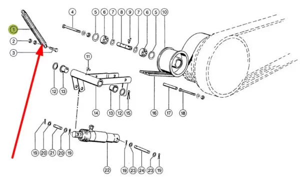 Oryginalna sprężyna napinacza napędu bębna o numerze katalogowym 977625.0, stosowana w maszynach i pojazdach rolniczych marki Claas schemat.