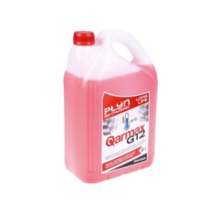 Czerwony płyn do chłodnic marki Syntaco Quarmax G12 w opakowaniu o pojemności 5 litrów
