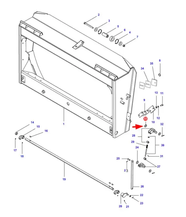 Oryginalna podkładka o wymiarach R 23-40 x 2 mm i numerze katalogowym D20400468, stosowana w kombajnach zbożowych marek Massey Ferguson, Fendt i Challanger schemat