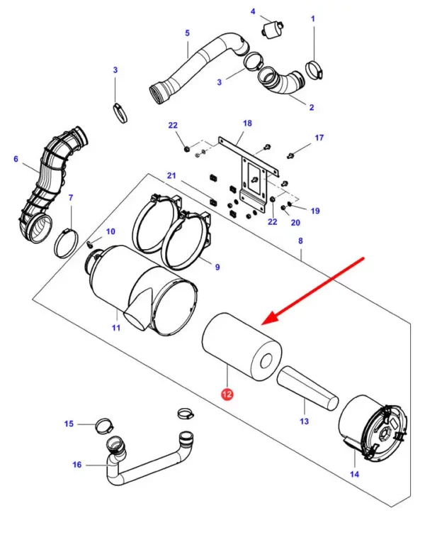 Filtr zewnętrzny powietrza silnika o numerze P611190, stosowany jako zamiennik oryginalnych filtrów, montowany w ciągnikach rolniczych marki Massey Ferguson.