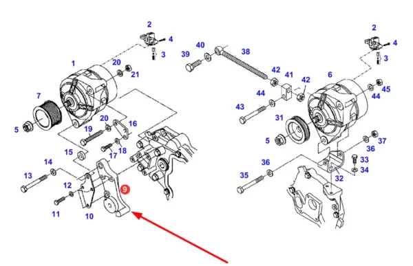 Oryginalny napinacz alternatora o numerze katalogowym F926900010030, stosowany w ciągnikach rolniczych marki Fendt schemat.