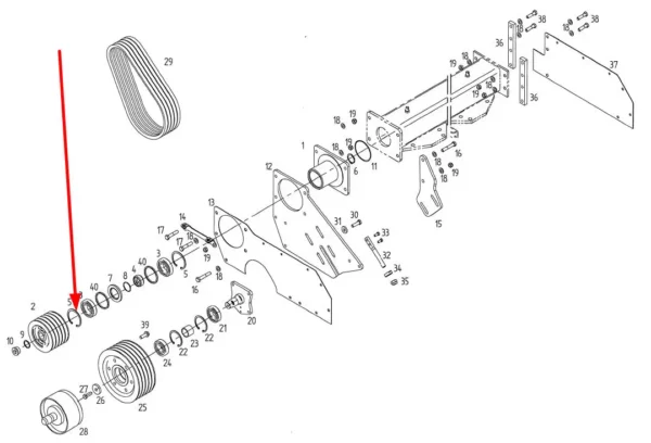 Oryginalny pierścień zabezpieczający segera o numerze katalogowym 107386, stosowany w kosiarkach marki Fella. schemat