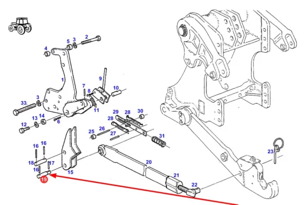 Oryginalny sworzeń odciągu bocznego ramienia podnośnika o numerze katalogowym 199870040020, stosowany w ciagnikach rolniczych marki Fendt schemat.