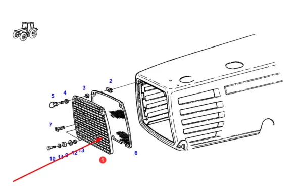 Oryginalny grill maski montowany z przodu o numerze katalogowym 312500020060, stosowany w ciągnikach rolniczych marki Fendt schemat.