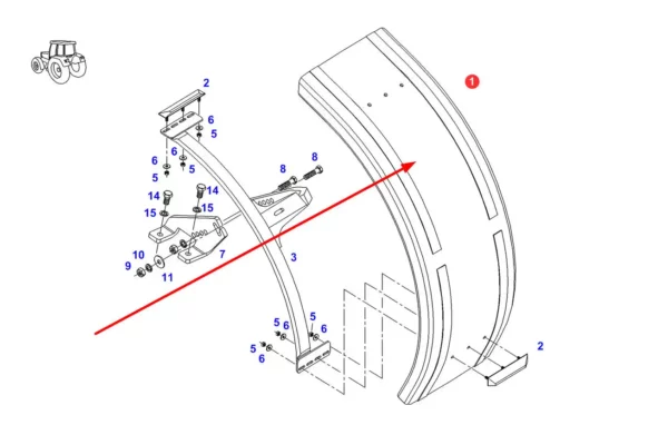 Oryginalny błotnik z tworzywa sztucznego o szerokosci 470 mm i numerze katalogowym 334700027010, stosowany w ciągnikach rolniczych marki Fendt. schemat