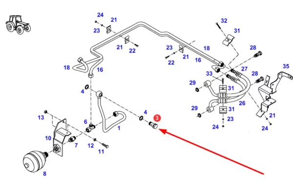 Oryginalna śruba przelewowa układu amortyzacji przedniej osi o numerze katalogowym 716960100100, stosowana w ciągnikach rolniczych marek Fendt i Challenger. schemat