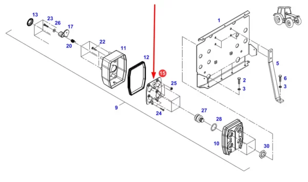 Oryginalna płytka mocowania węży hydraulicznych w obudowie gniazd hydraulicznych tylniego panelu, stosowana w ciągnikach rolniczych marki Fendt schemat.