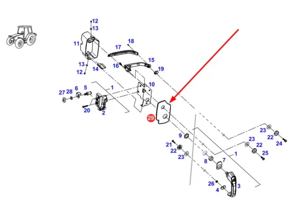 Oryginalna płytka klamki drzwi z tworzywa sztucznego o numerze katalogowym 737812030241, stosowana w ciągnikach rolniczych marki Fendt. schemat