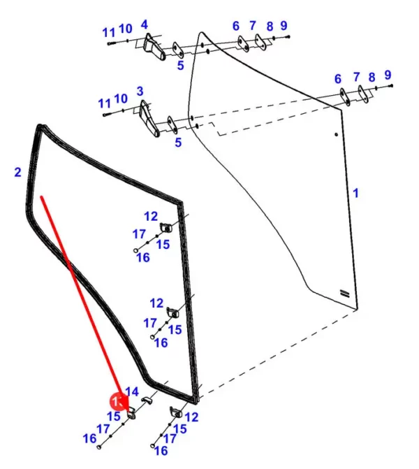 Oryginalny zacisk mocowania szyby o numerze katalogowym 737812045271, stosowany w ciągnikach rolniczych marki Fendt schemat.