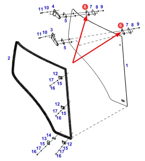 Oryginalna podkładka mocowania szyby o numerze katalogowym 737812045401, stosowana w ciągnikach rolniczych marki Fendt schemat.