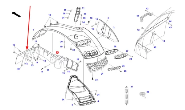 Oryginalny lewy element błotnika o numerze katalogowym 737812600710, stosowany w ciągnikach rolniczych marki Fendt. schemat