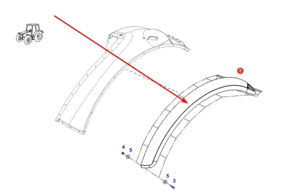 Oryginalne lewe poszerzenie błotnika o szerokości 135 mm i numerze katalogowym 737812601010, stosowane w ciągnikach rolniczych marki Fendt. schemat