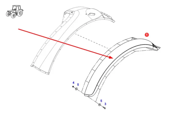 Oryginalne poszerzenie błotnika o szerokości 185 mm i numerze katalogowym 737812602010, stosowane w ciągnikach rolniczych marki Fendt. schemat