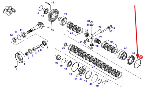 Oryginalna podkładka dystansowa mechanizmu różnicowego o grubości 0,5 mm i numerze katalogowym 816300020100, stosowana w ciągnikach marek Challenger, Massey Ferguson oraz Fendt schemat.