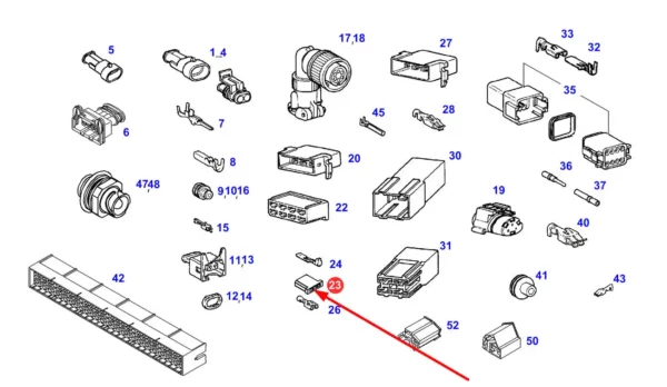 Oryginalny wtyk elektryczny o wymiarach 3 x 2,8 mm i numerze katalogowym 816900043090, stosowane w ciągnikach rolniczych marki Fendt schemat