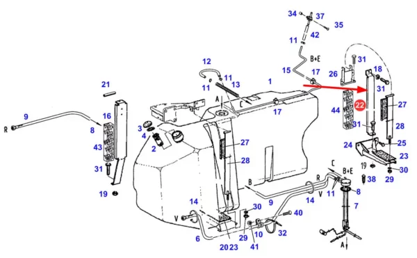 Oryginalny wspornik zbiornika paliwa, stosowany w ciągnikach rolniczych marki Fendt schemat