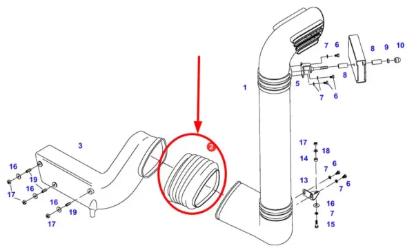 Oryginalny łącznik gumowy przewodu doprowadzania powietrza do silnika stosowany w ciągnikach rolniczych marki Fendt schemat