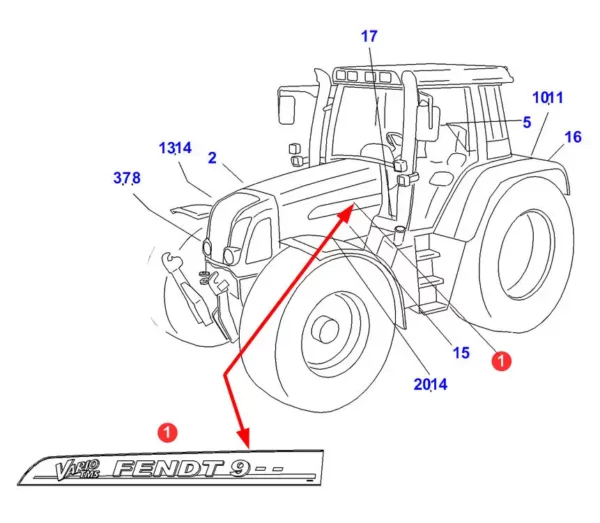 Oryginalna naklejka o numerze katalogowym 930500320010, stosowana w ciągnikach rolniczych marki Fendt schemat.