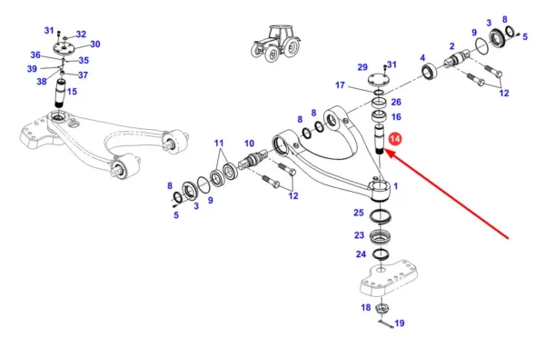 Oryginalny sworzeń wahacza lewego o numerze katalogowym 931303051190, stosowany w ciągnikach rolniczych marki Fendt schemat