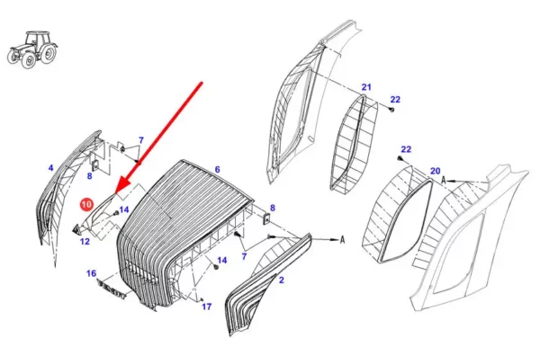 Oryginalny element grilla maski o numerze katalogowym 931502020380, stosowany w ciągnikach rolniczych marki Fendt schemat.